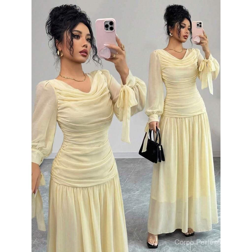 2026 verão novo estilo Design sentir elegante gravata flangeada renda manga lanterna vestido de Chiffon