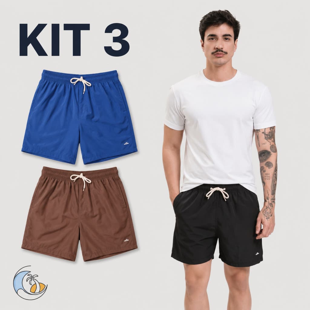 Kit 3 Bermudas Masculinas Tactel Elastano Short Confortável para Praia Treino Academia Corrida e Lazer