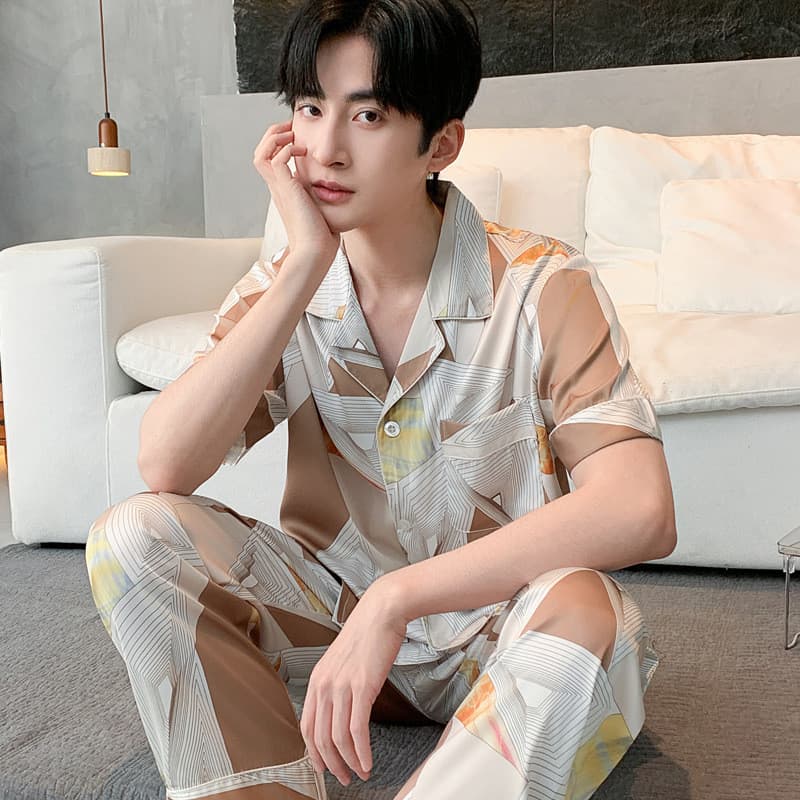 [Novos produtos] Pijamas masculinos verão seda gelo calças de manga curta masculina primavera outono Loungewear verão se