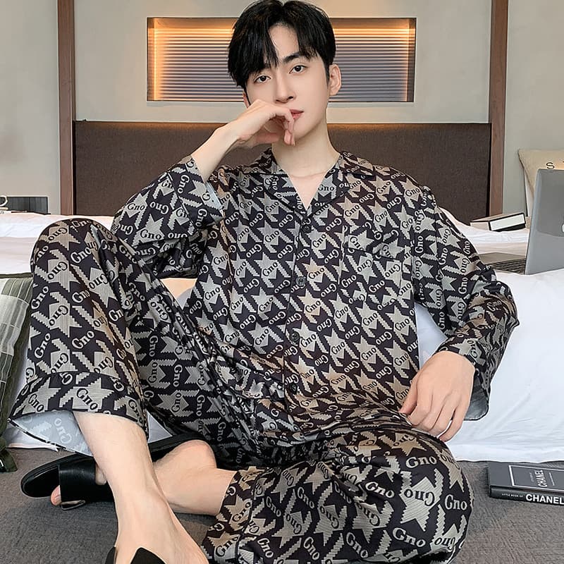 [Novo produto] pijamas masculinos primavera outono gelo seda calças de manga comprida outono Cardigan masculino simples