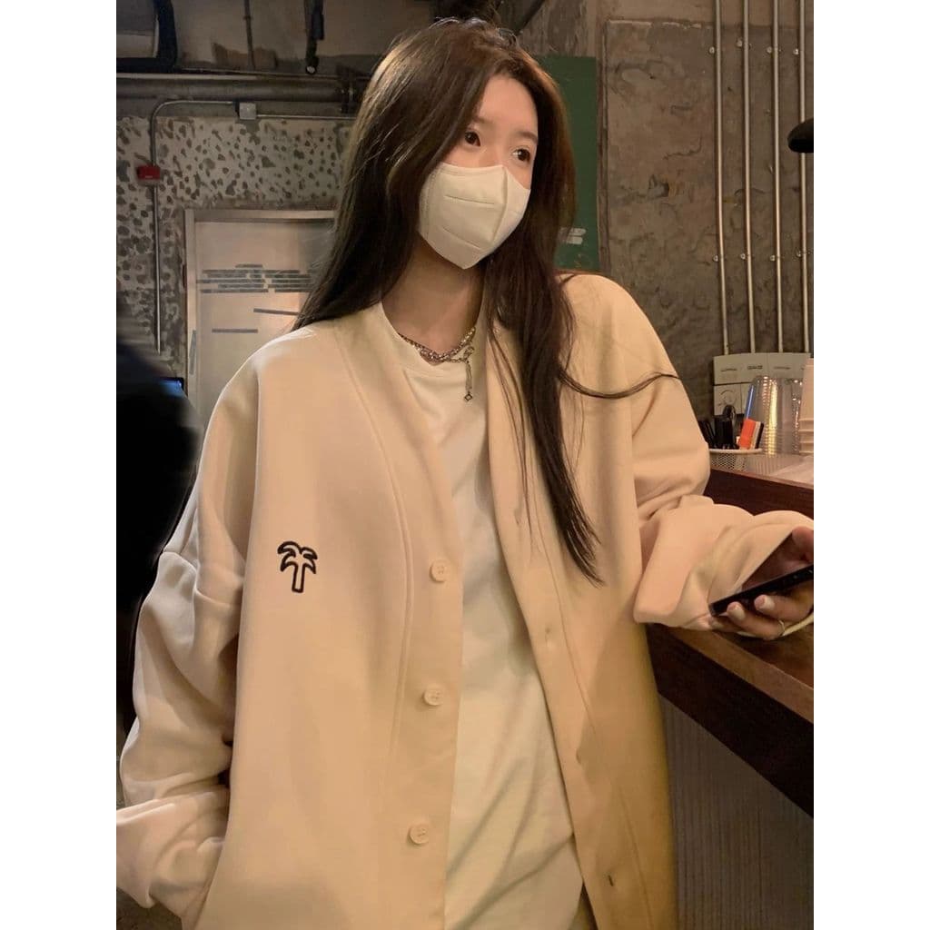 Moda estilo Preppy com decote em V cardigan jaqueta feminina solto cardigan bordado jaqueta curta High-End All-Match top