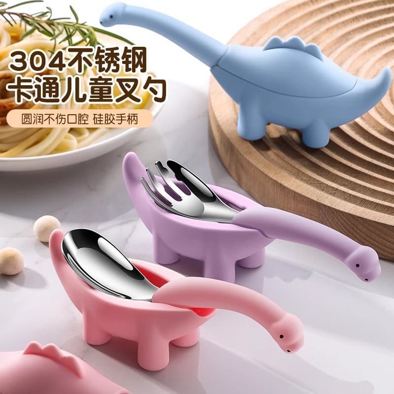 Criativo dinossauro crianças utensílios de mesa 304 aço inoxidável Silicone garfo colher conjunto bebê infantil compleme