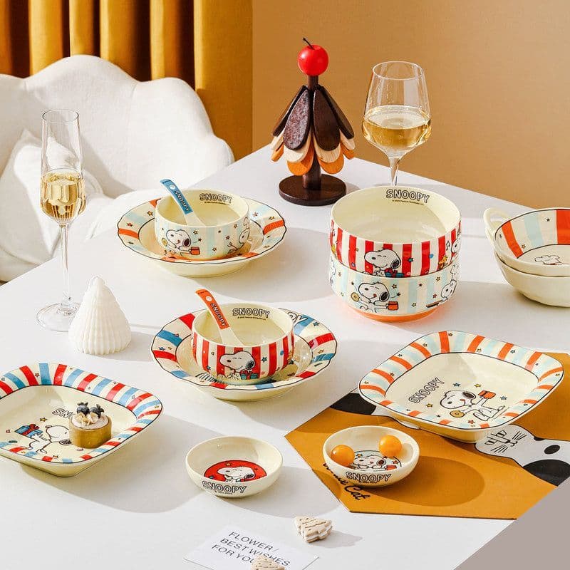 Snoopy série colorida prato de cerâmica conjunto de talheres domésticos bonito prato de jantar das crianças colher pauzi