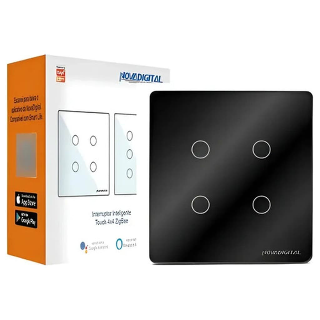 Interruptor Touch LED 4 Botões Zigbee Novadigital Preto 4x4 10A 240V Inteligente Alexa Google