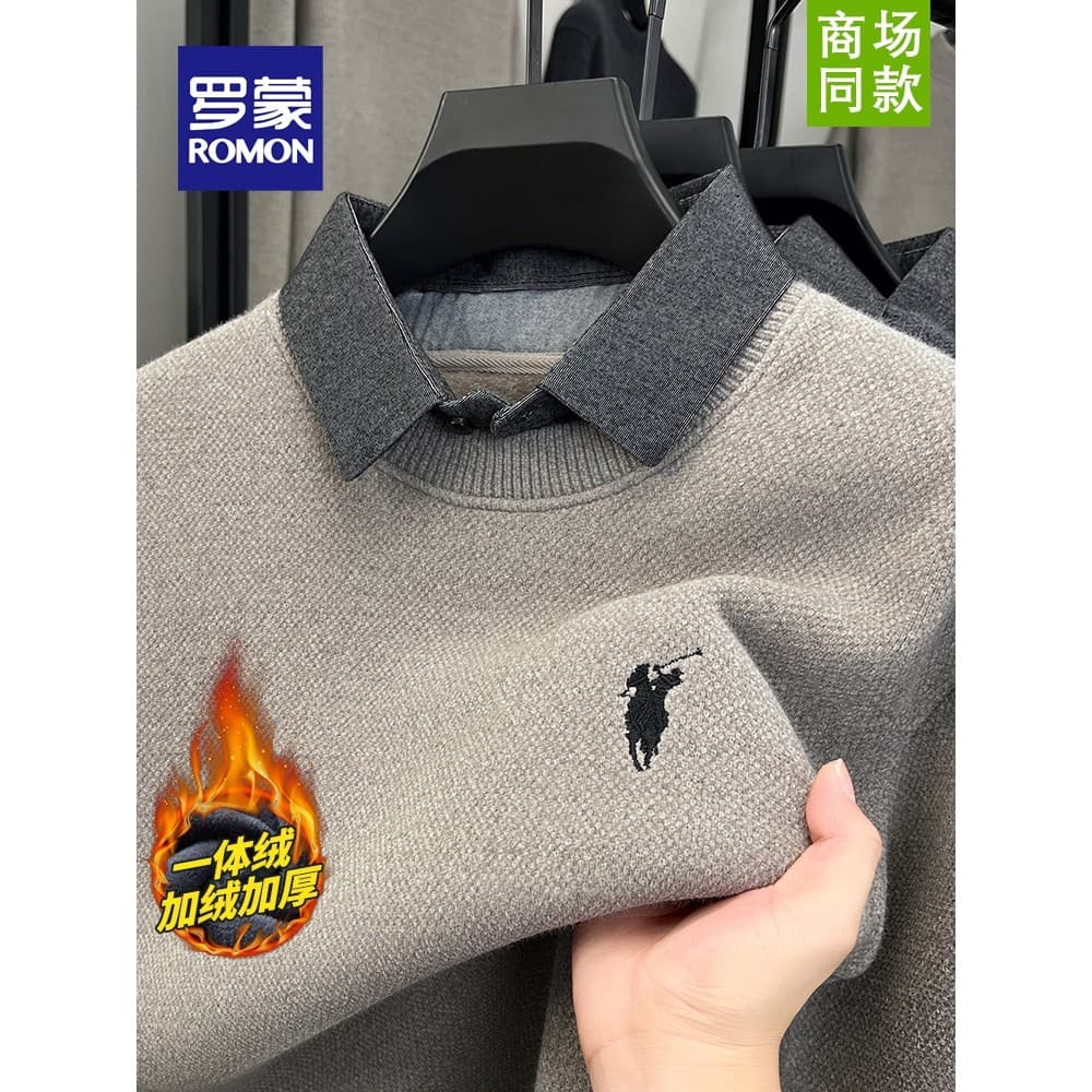 Lomon outono inverno masculino quente malhas moda bordado forro de lã engrossado furão lapela falso camisola de duas peç