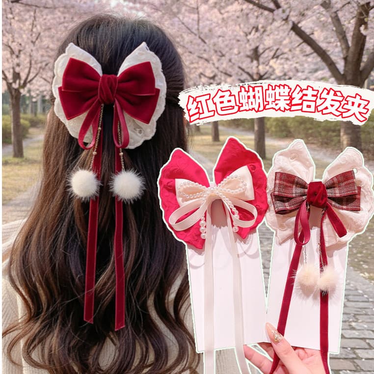 Crianças ano novo vermelho pérola laço grande arco grampo de cabelo meninas borla Streamer clipe superior Super fada vol