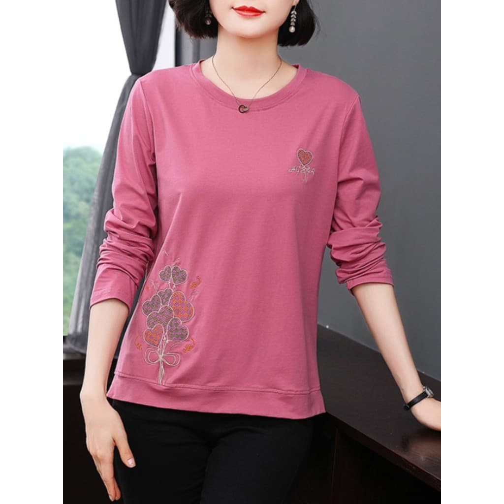 Mãe de meia-idade High-End bordado puro algodão manga comprida camiseta senhoras outono inverno novo estilo All-Ma