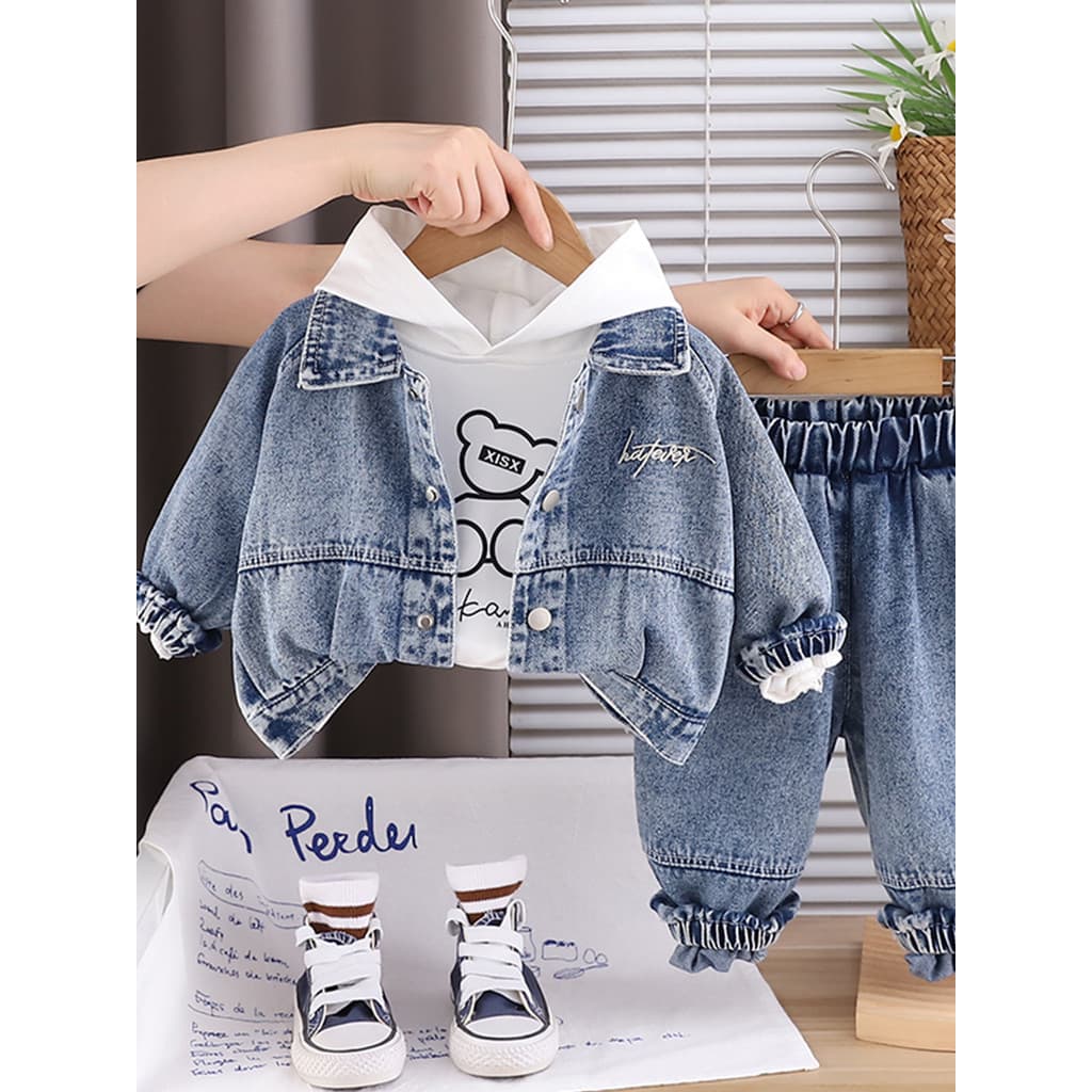 Bebê outono terno moda meninos na moda bonito Denim com capuz terno de três peças primavera outono bebê crianças roupas