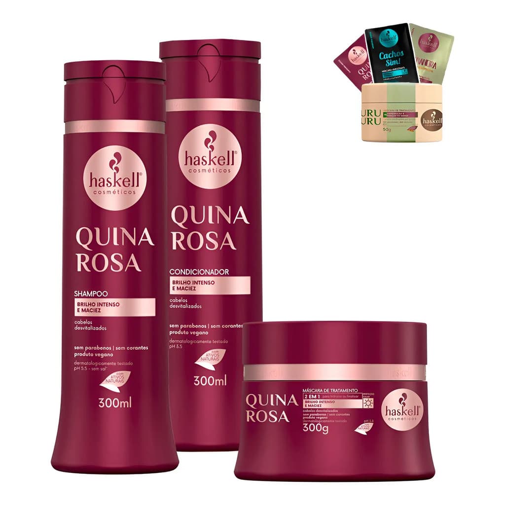 Kit Quina Rosa Shampoo Condicionador Máscara 300g Haskell