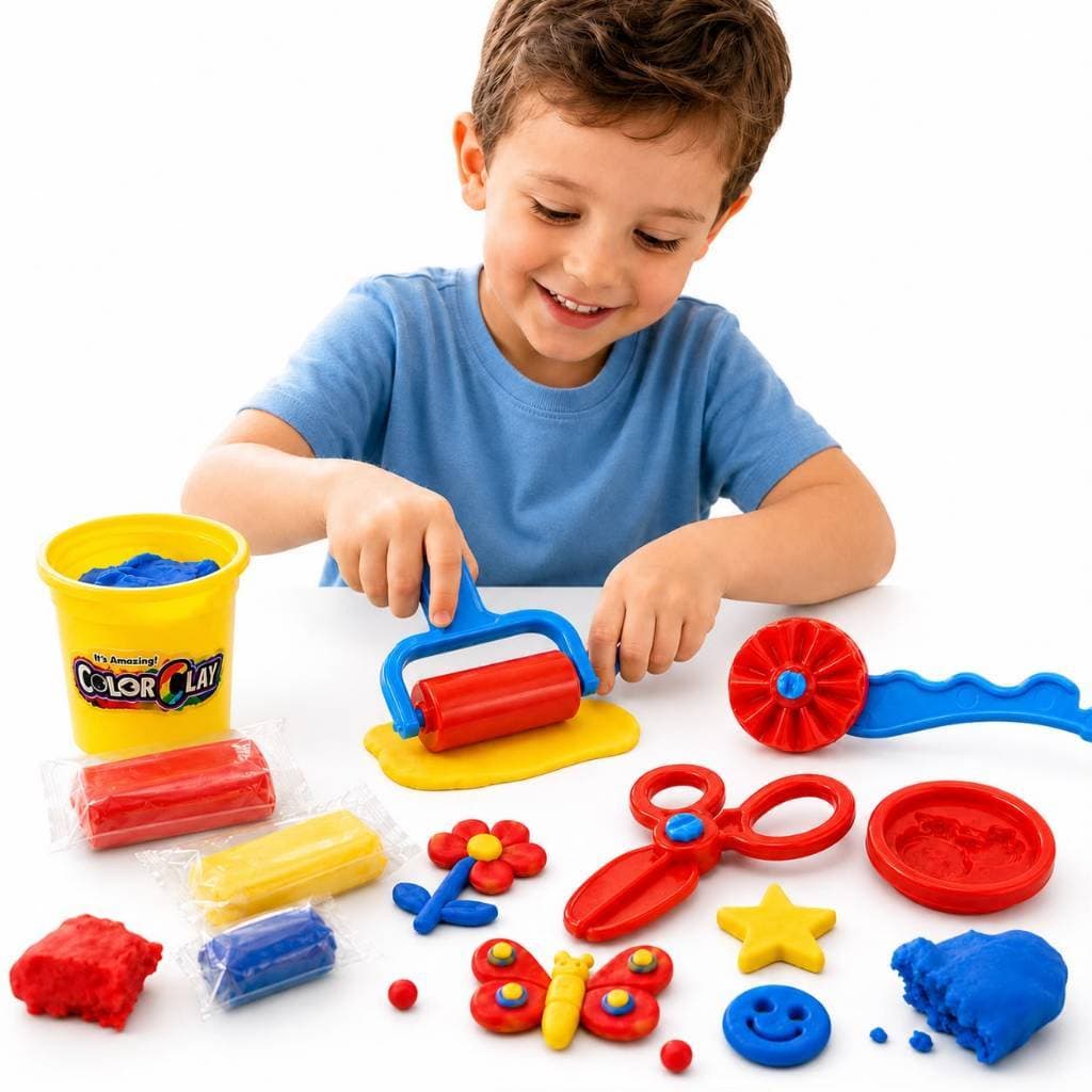 Kit Massinha de Modelar  Cores + Rolinho e 1 Tesoura Molde Divertido Combo Educativo Infantil