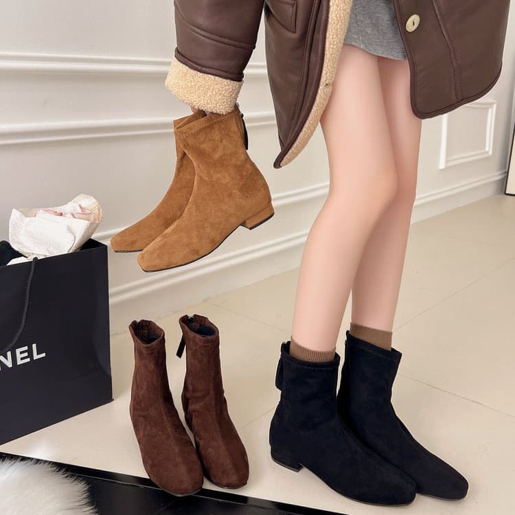 Botas Femininas de Bico Quadrado em Camurça, Botas Curtas com Zíper Traseiro, Salto Grosso Casual, Botas da Moda, Tamanh