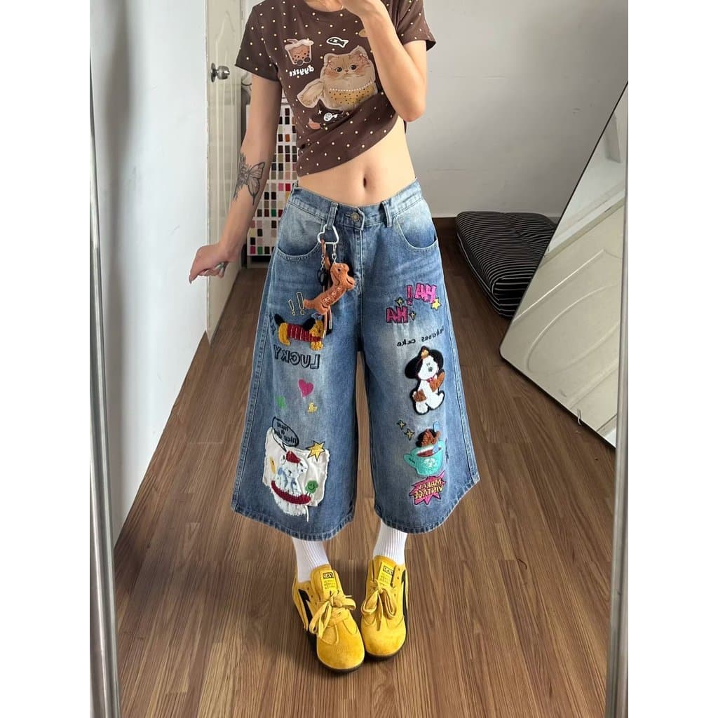 Plus Size roupas femininas deste ano Popular bonito bordado Jeans feminino verão gordura mm calças Retro solto calças re