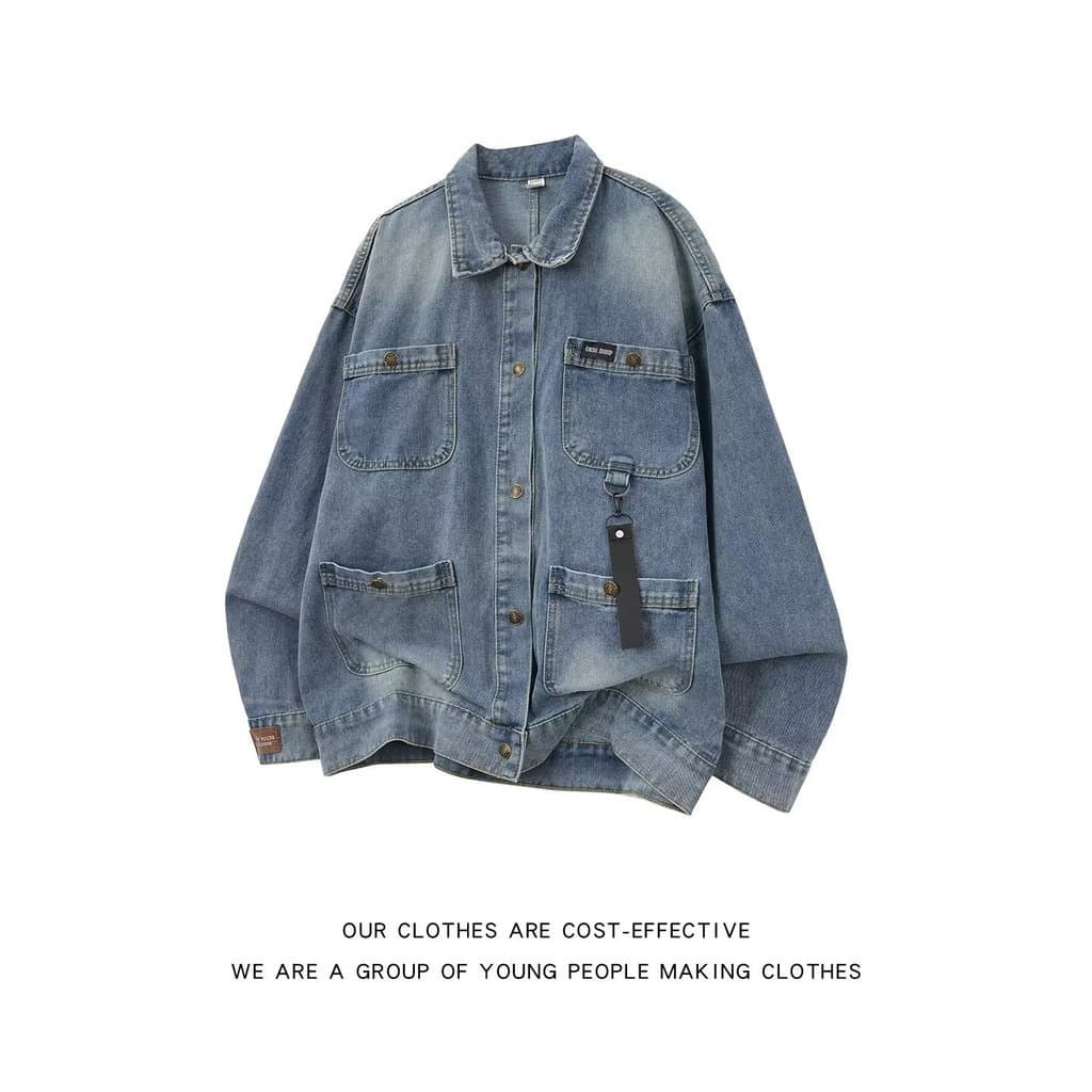 Workwear bainha elástica denim jaqueta jeans jaqueta curta primavera outono Multi-bolso lapela Cardigan jaqueta