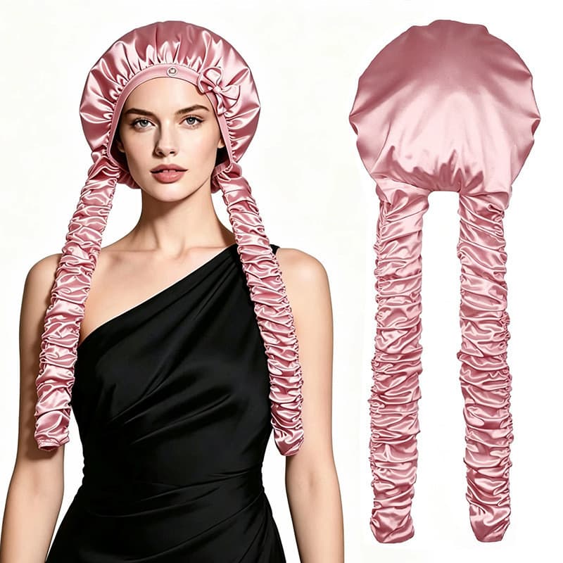 Touca de banho de cabelo encaracolado de cetim com laço para mulheres, trança longa, trança suja, touca de banho 8.27