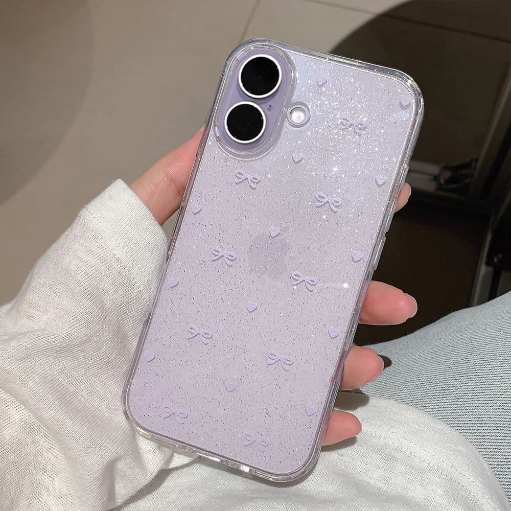 Ins roxo amor coração arco transparente Glitter escudo adequado para Apple 17Pro 17promax 16 buraco grande XS