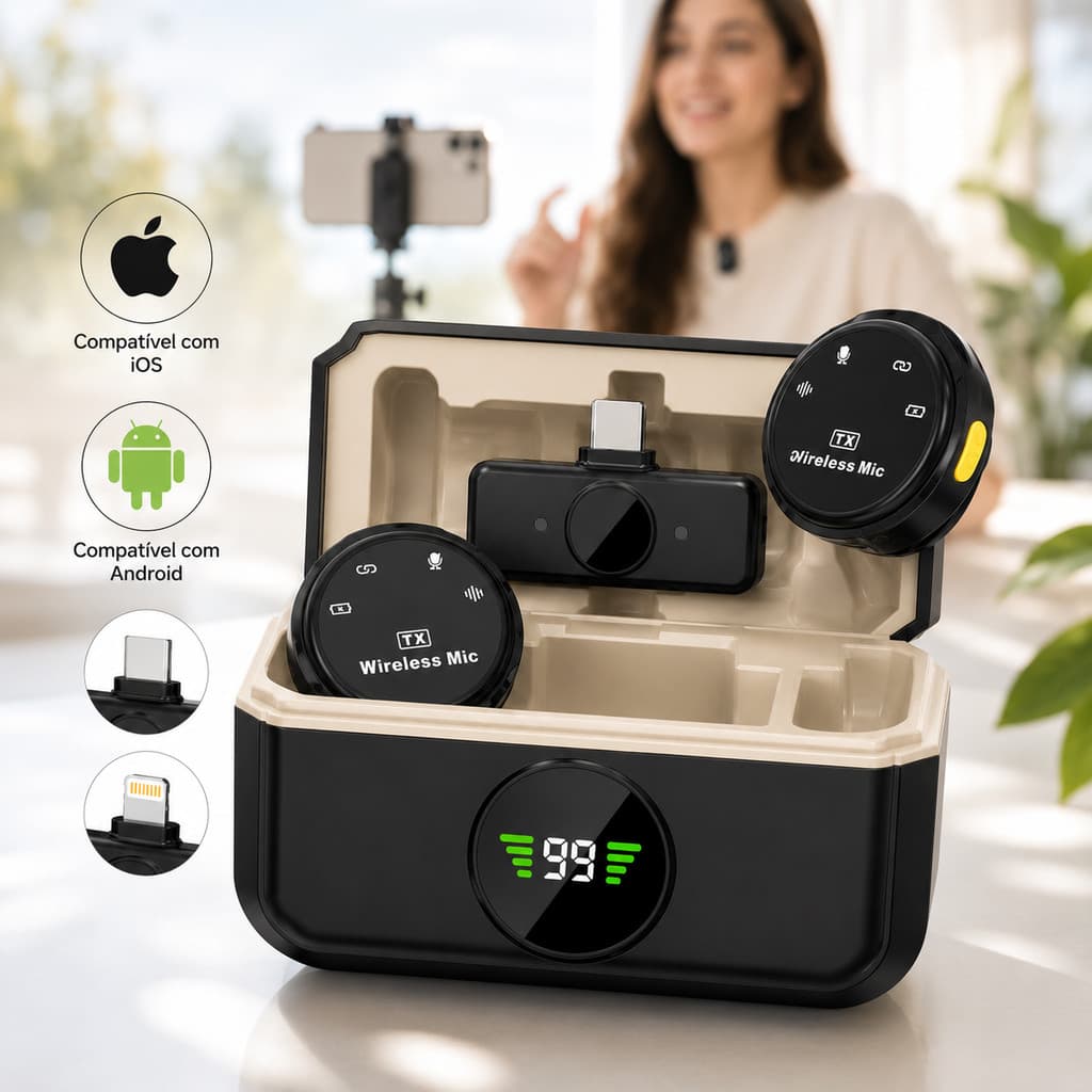 Microfone Lavalier Sem Fio Profissional Duplo Gravação Vídeo Celular iPhone PC