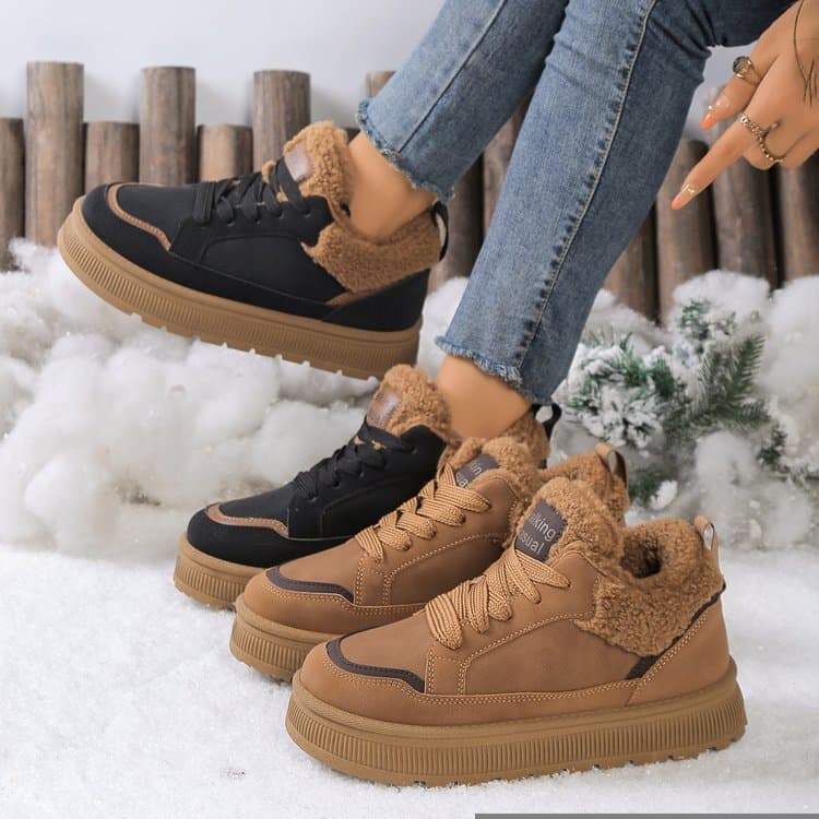 Senhoras novo estilo inverno gola de pelúcia tênis de alta qualidade imitação camurça rendas sapatos de plataforma de so