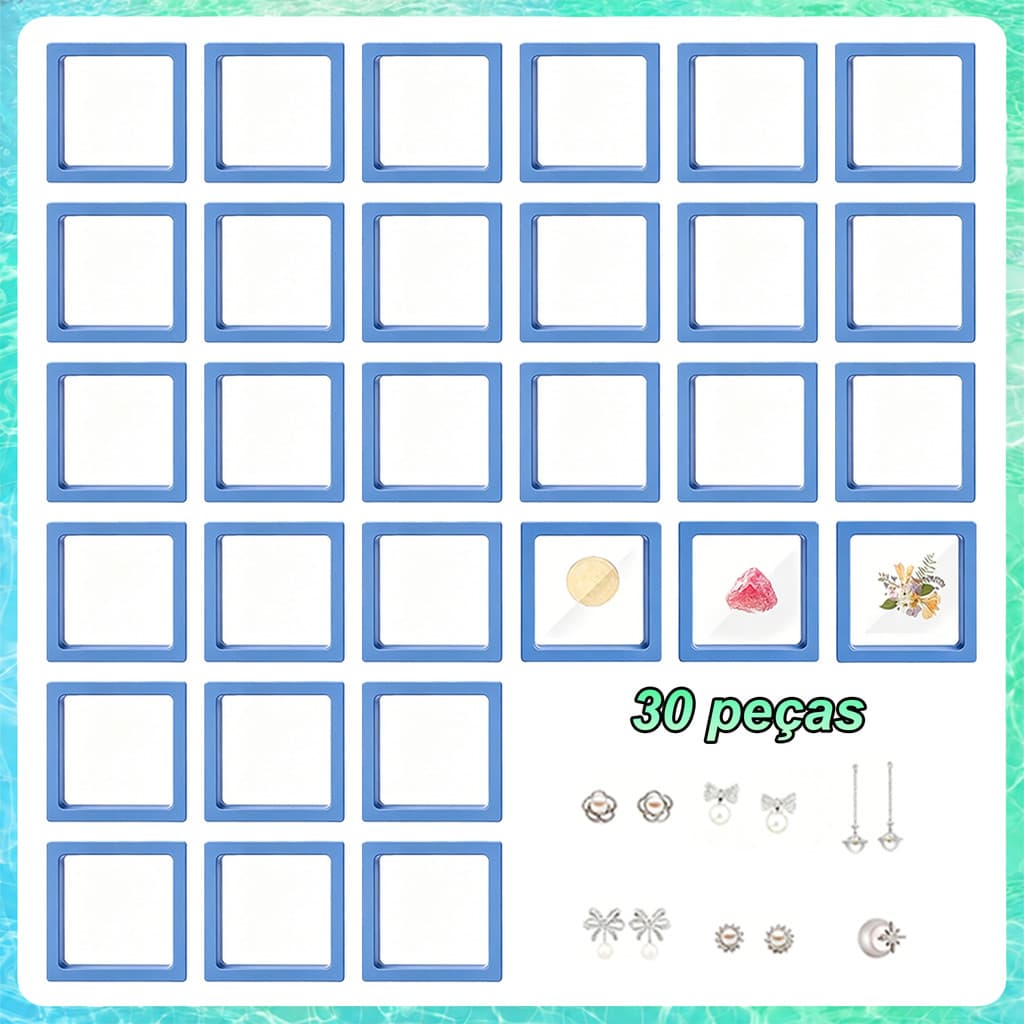 30 Peças Estojos para Joias 7x7cm Azul em ABS, Empilháveis com Membrana Flexível para Vitrine e Coleção