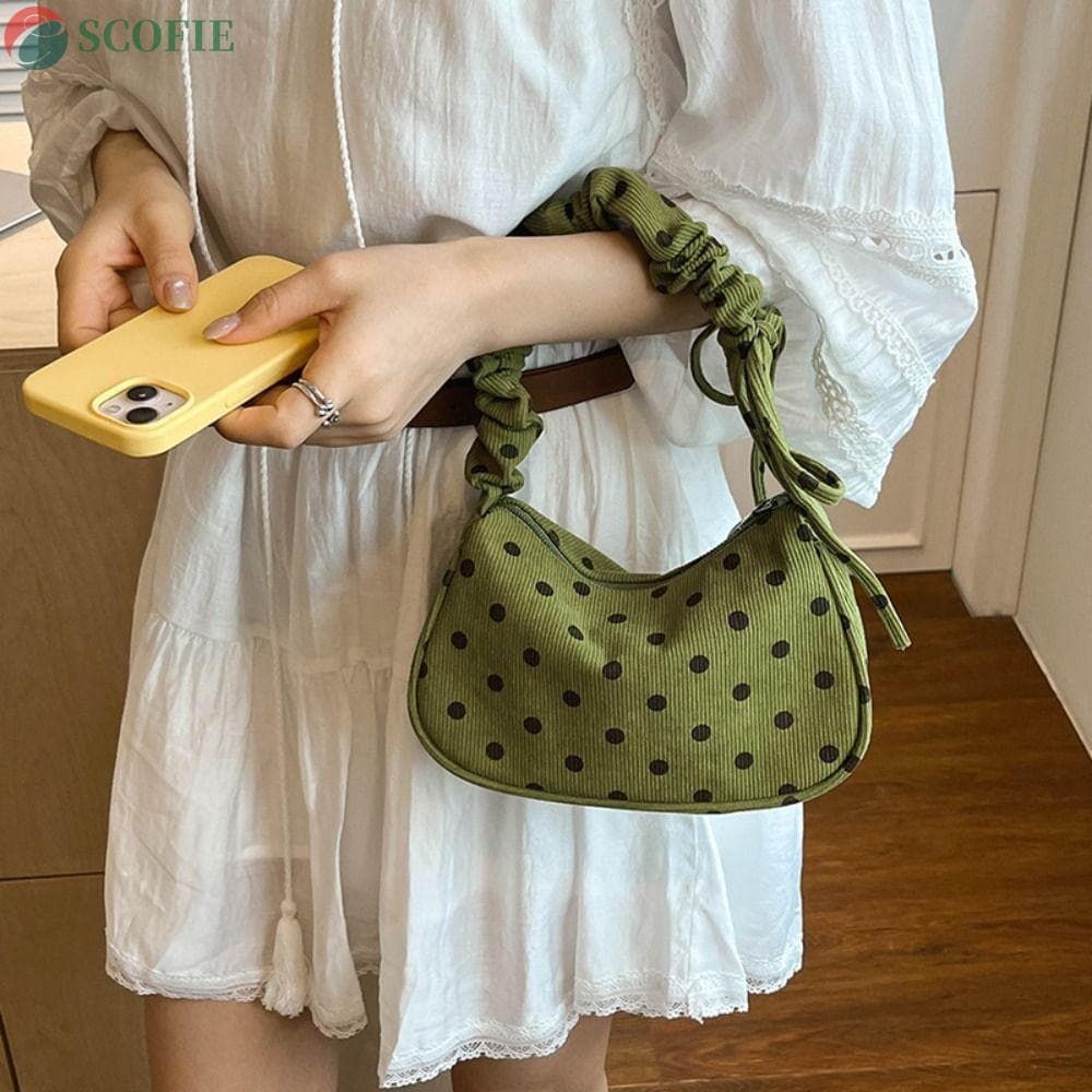 SCOFIE Bolsa De Ombro De Bolinhas , Estampada Plissada De Tecido , Alça Franzida Retrô De Lona Nas Axilas