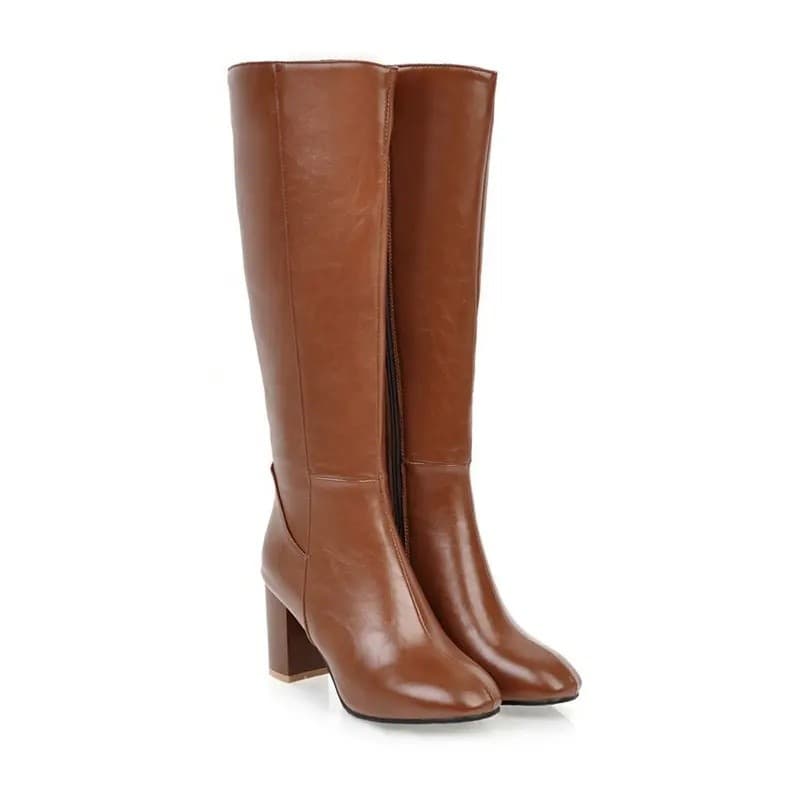 Botas Femininas de Inverno Marrom de Cano Alto em Couro PU com Salto Bloco, Zíper e Design Elegante 2025