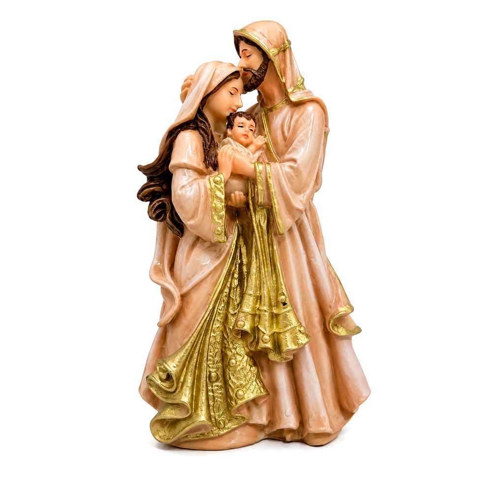 Imagem Sagrada Família Ternura Afetuosa de Resina Nude e Dourado Luxo - 15cm Estatua Católica Sacra