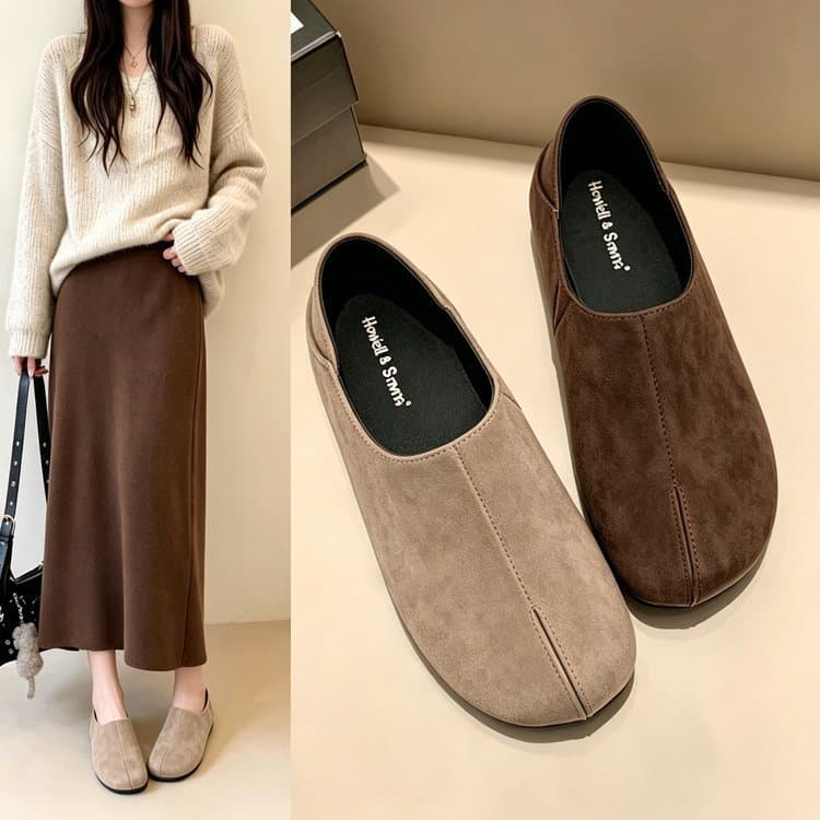 Senhoras camurça mocassins planos dedo do pé redondo divisão costura pulôver Mules sola macia All-Match sapatos de escri