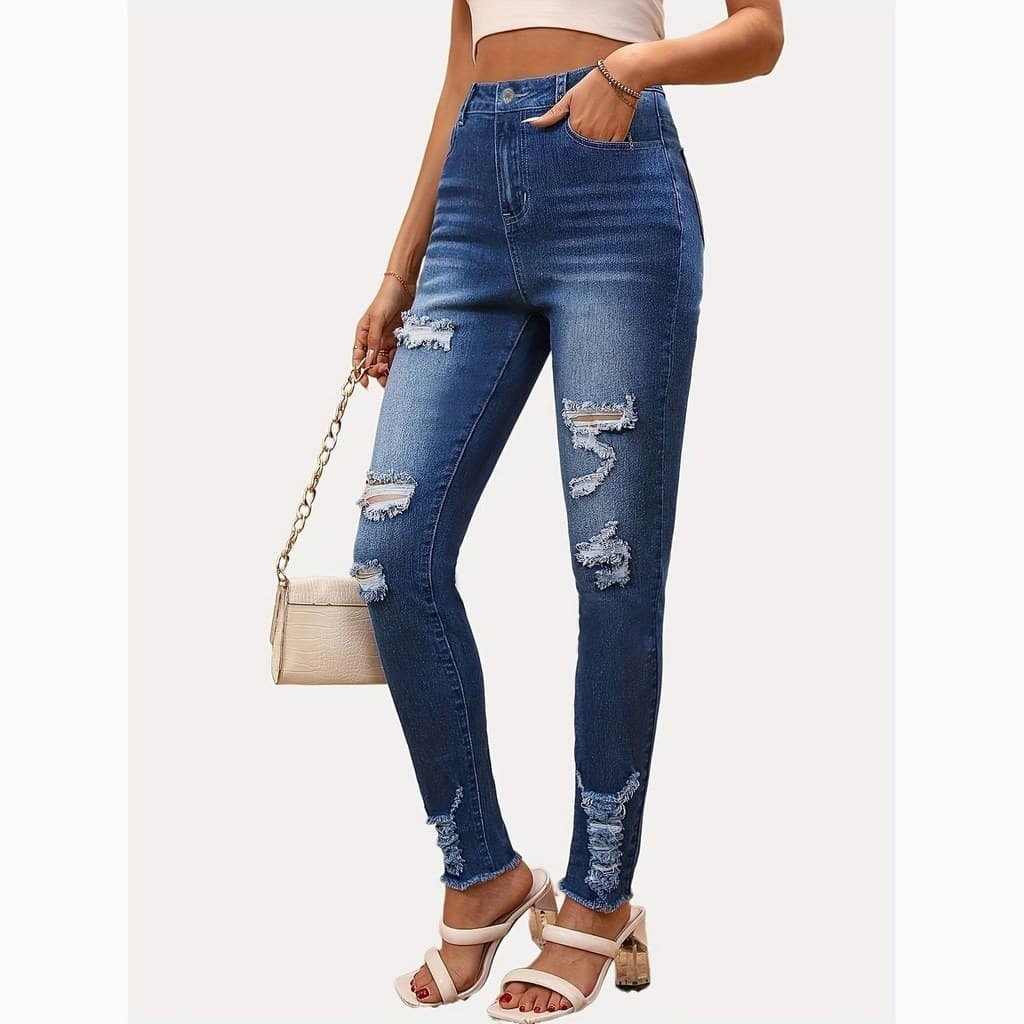 Cintura alta mais magro olhar contraste cor denim rasgado pés pequenos moda borda crua All-Match denim Trous