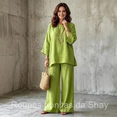 Conjunto Feminino |     Blusa de Manga Longa + Calças de Perna Larga [Estilo Casual Elegante Plus Size - Linho Sintético