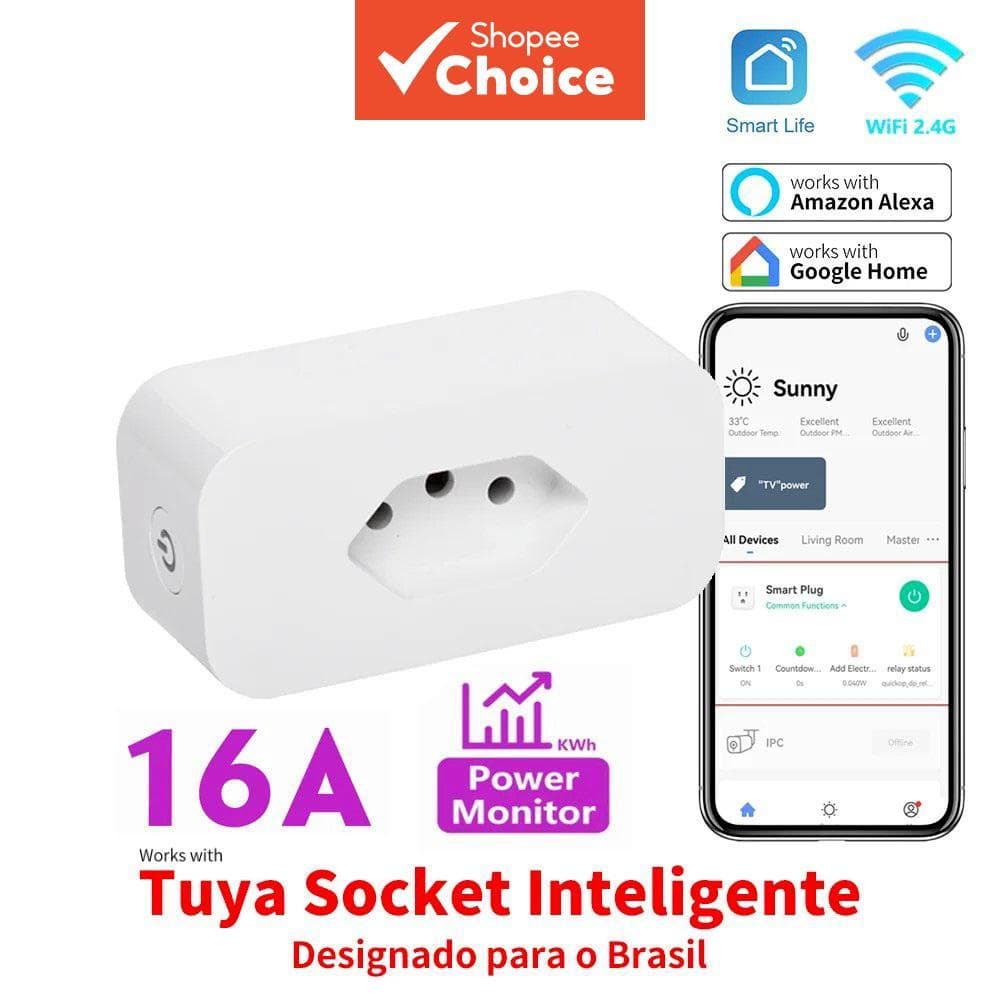 AXUS Para Tuya Plugue Inteligente WiFi Padrão Brasileiro 16A com Monitoramento de Energia, Tomada Inteligente, Controle