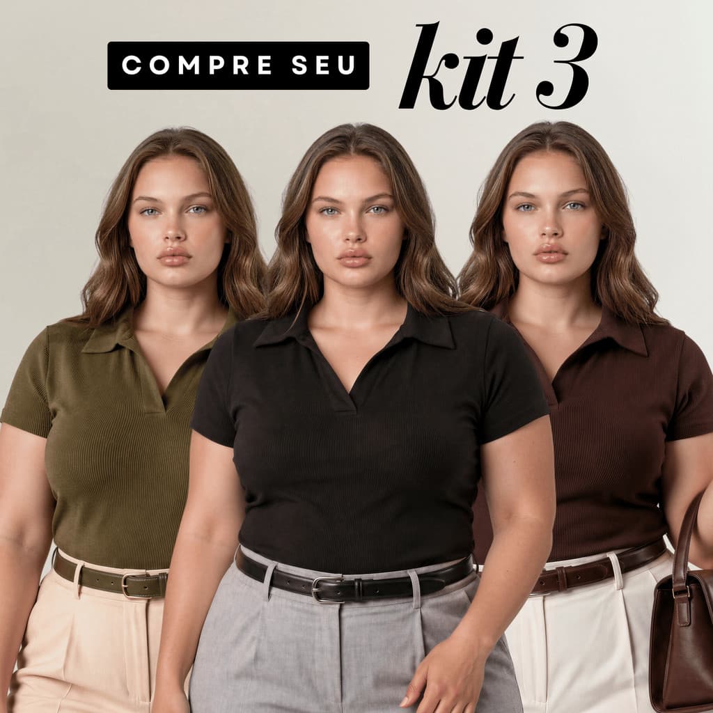 Kit 3 Blusa Feminina Gola Polo Plus Size Canelada Elegante Casual Estilosa