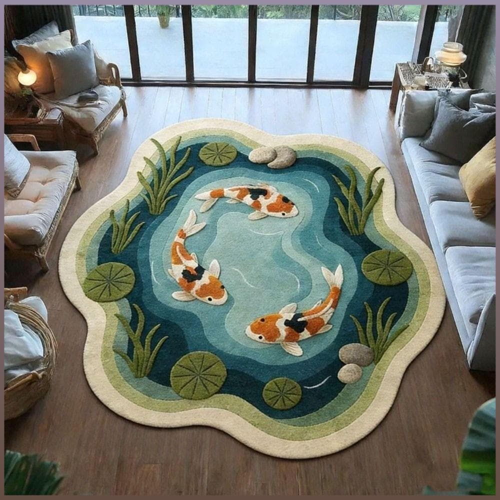 Tapete De Chão ROWANBABY , Redondo Macio E Fofo De Design Irregular Antiderrapante Com Estampa De Peixe Koi