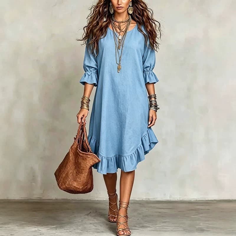 vestido midi Feminino Temperamento Solto Saia Curta Emagrecimento Manga Sete Quartos casual Férias De Cintura Média