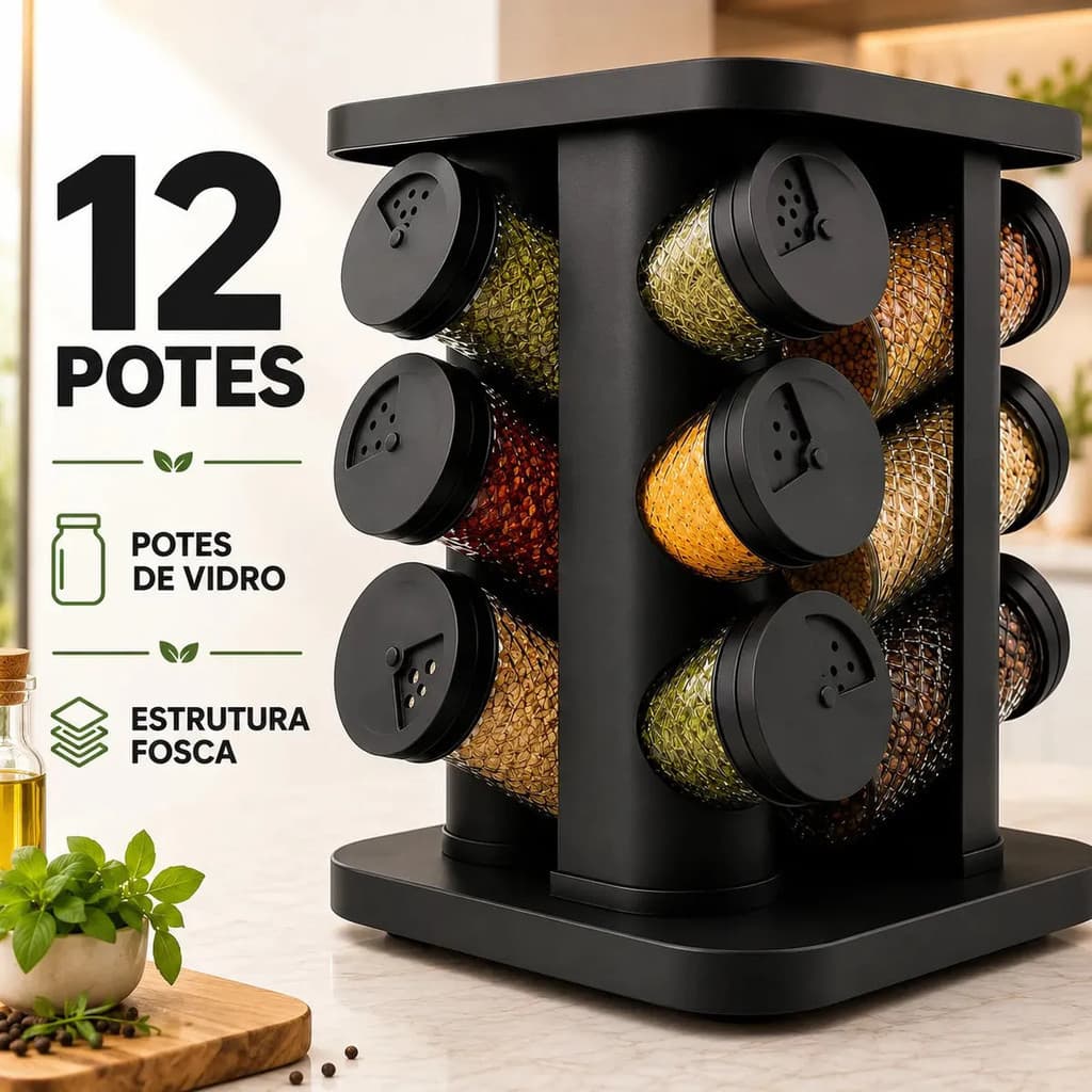 Porta Temperos Condimentos 12 Potes Vidro Base Giratória Preto Organizador Cozinha Dosador Sólar