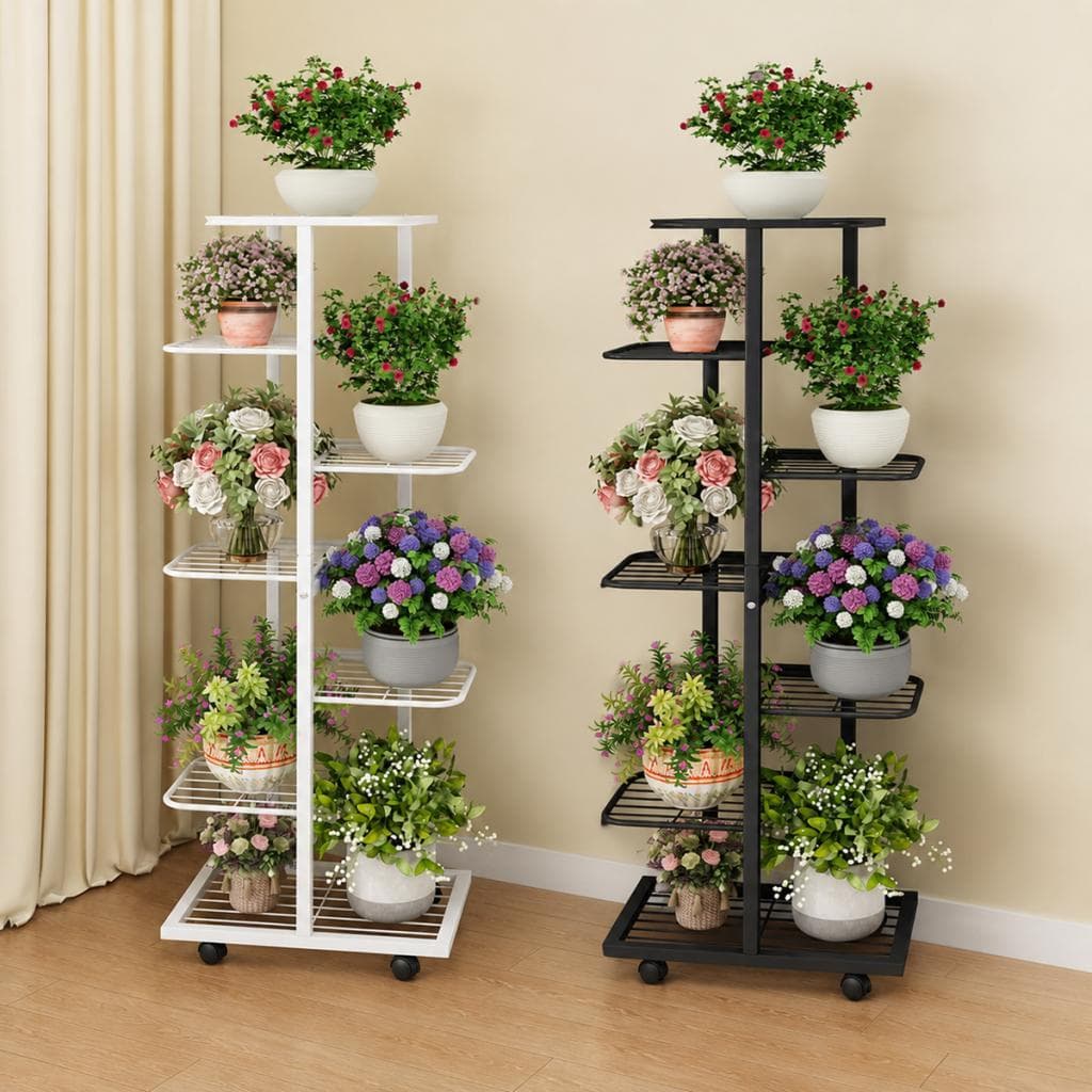 Floreira Suporte Vaso de Planta 7 Andar Vertical Apartamento Com Rodinha Aço Silver Steel