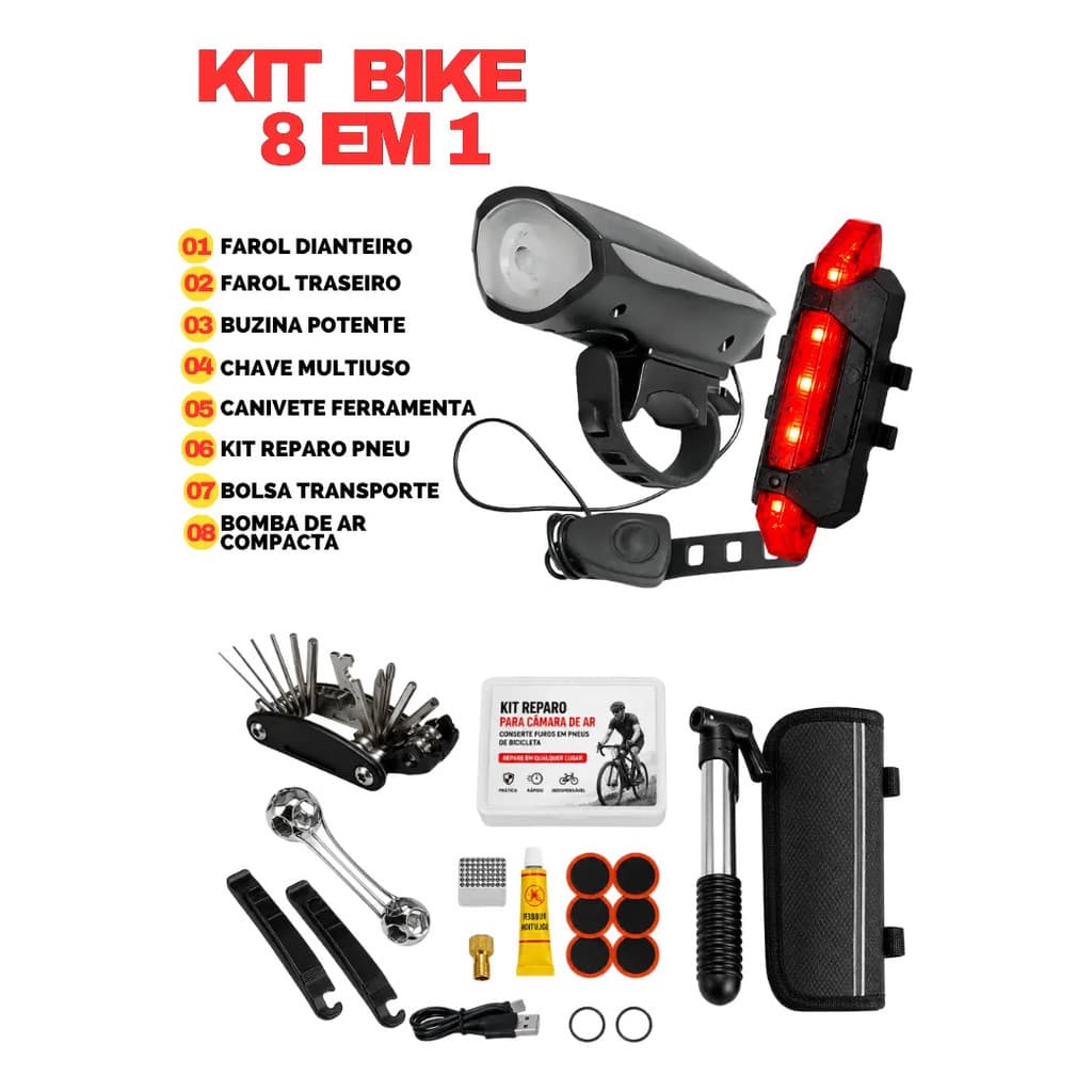 Kit Bike Farol Lanterna Led Recarregável Buzina + Ferramenta