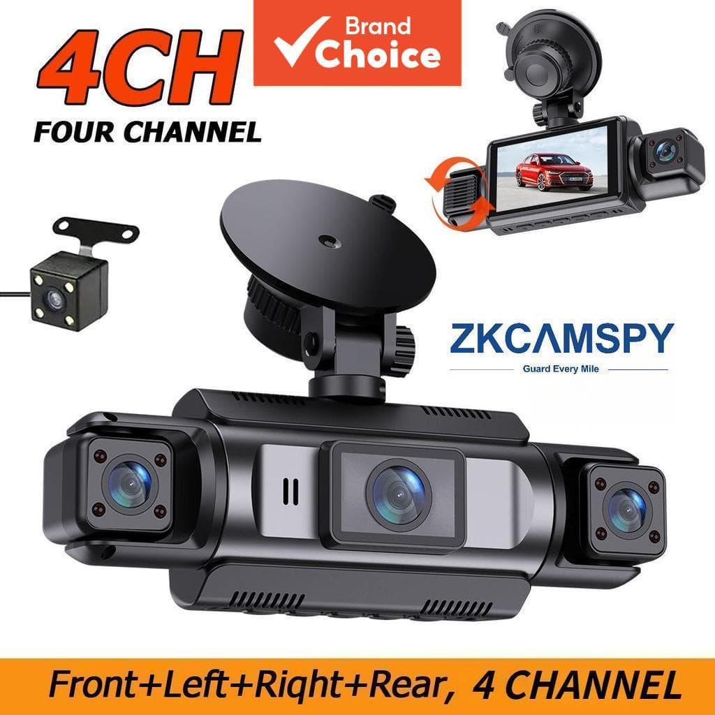 Câmera Veicular 4 Canais Frente Traseira Interior Cabine 360° DVR Carro com Visão Noturna Infravermelha Monitor de