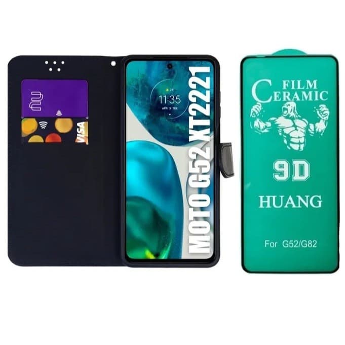 Capa Carteira Flip + Película de Cerâmica 9D para Motorola Moto G52 – Proteção Completa e Elegância