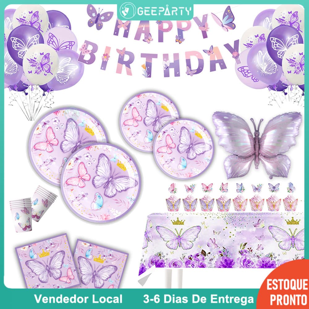 GeeParty Conjunto de Louça Descartável Tema Borboleta Roxa - Para Festa de Aniversário Infantil