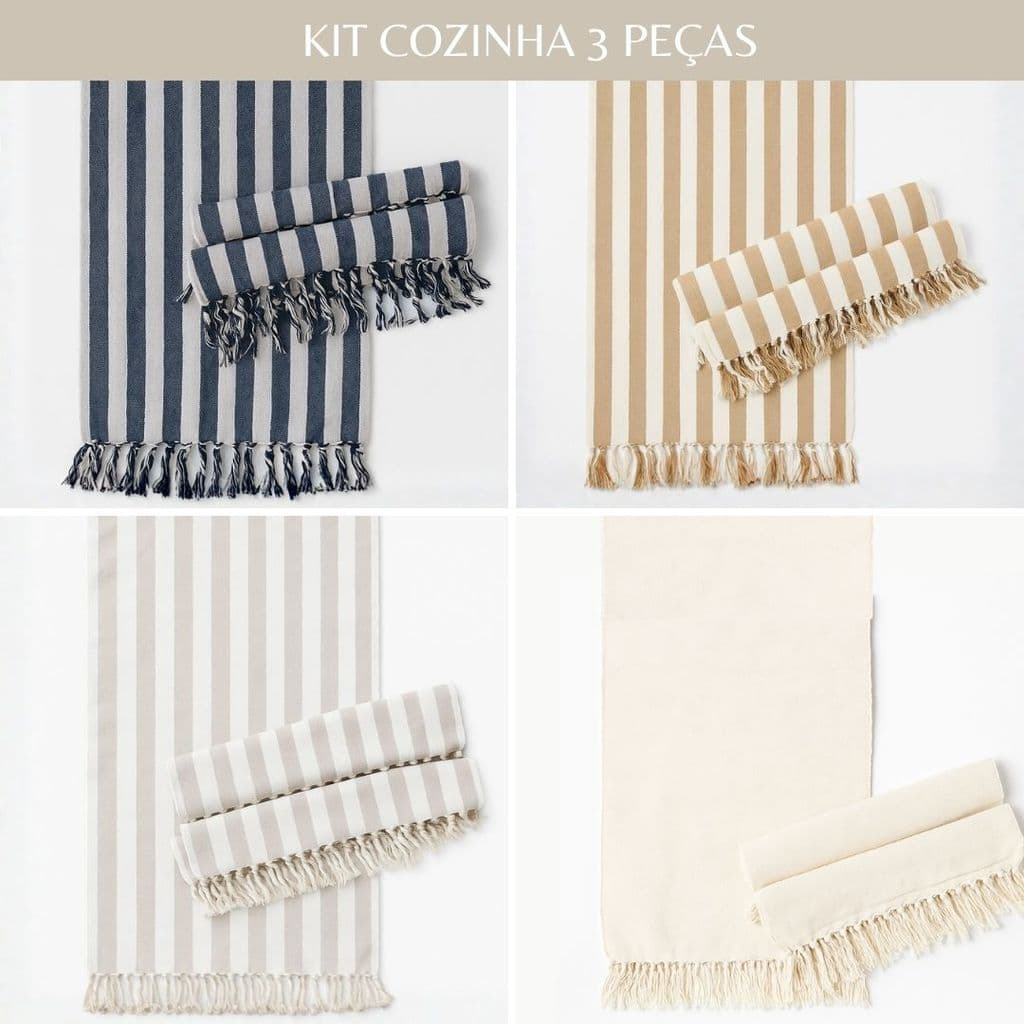Kit Tapetes Listrados 3 Peças Com Franjas Búzios Para Cozinha, Espaço Gourmet, Corredores E Ambientes Funcionais