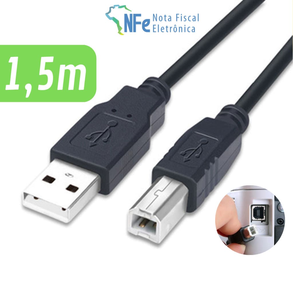 Cabo USB 1,5 metros para Impressora Scanner Multifuncional Bateria Eletrônica Teclado Piano Digital