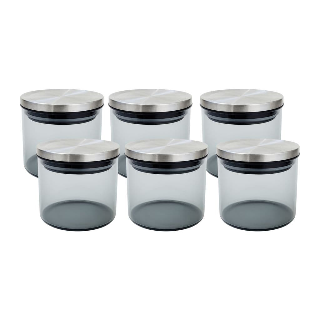 Kit 6 Pote de Vidro 10x9CM 430ML Fumê Tampa Metálica Hermética Porta Mantimentos Cozinha