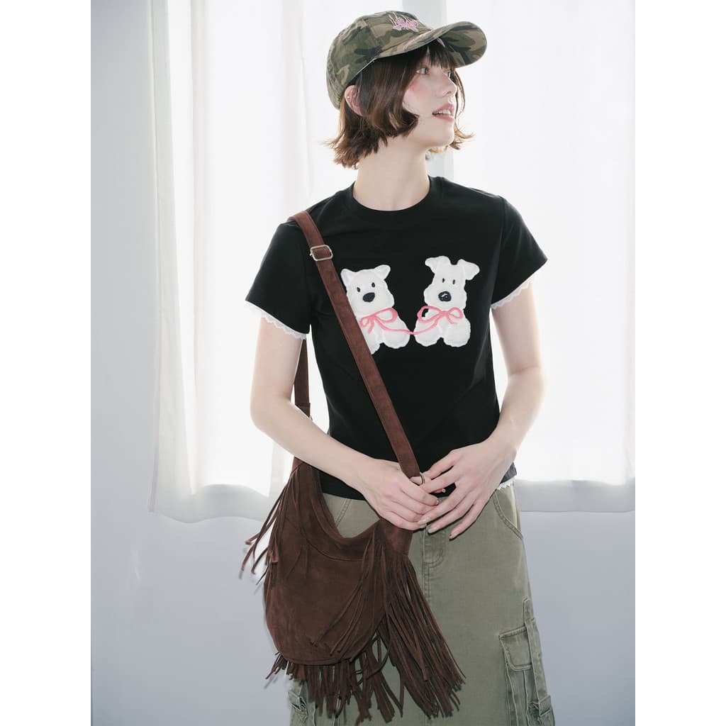 P PSO Marca Roupas Femininas [Estilo Falso de Renda de Duas Peças] Bonito Patch Bordado Filhote de Cachorro Em Torno Do