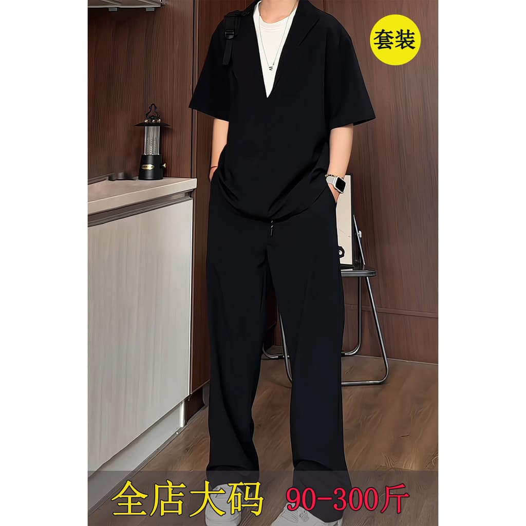 Terno falso de duas peças de manga curta masculino primavera verão novo estilo estilo estilo velho dinheiro camisa calça