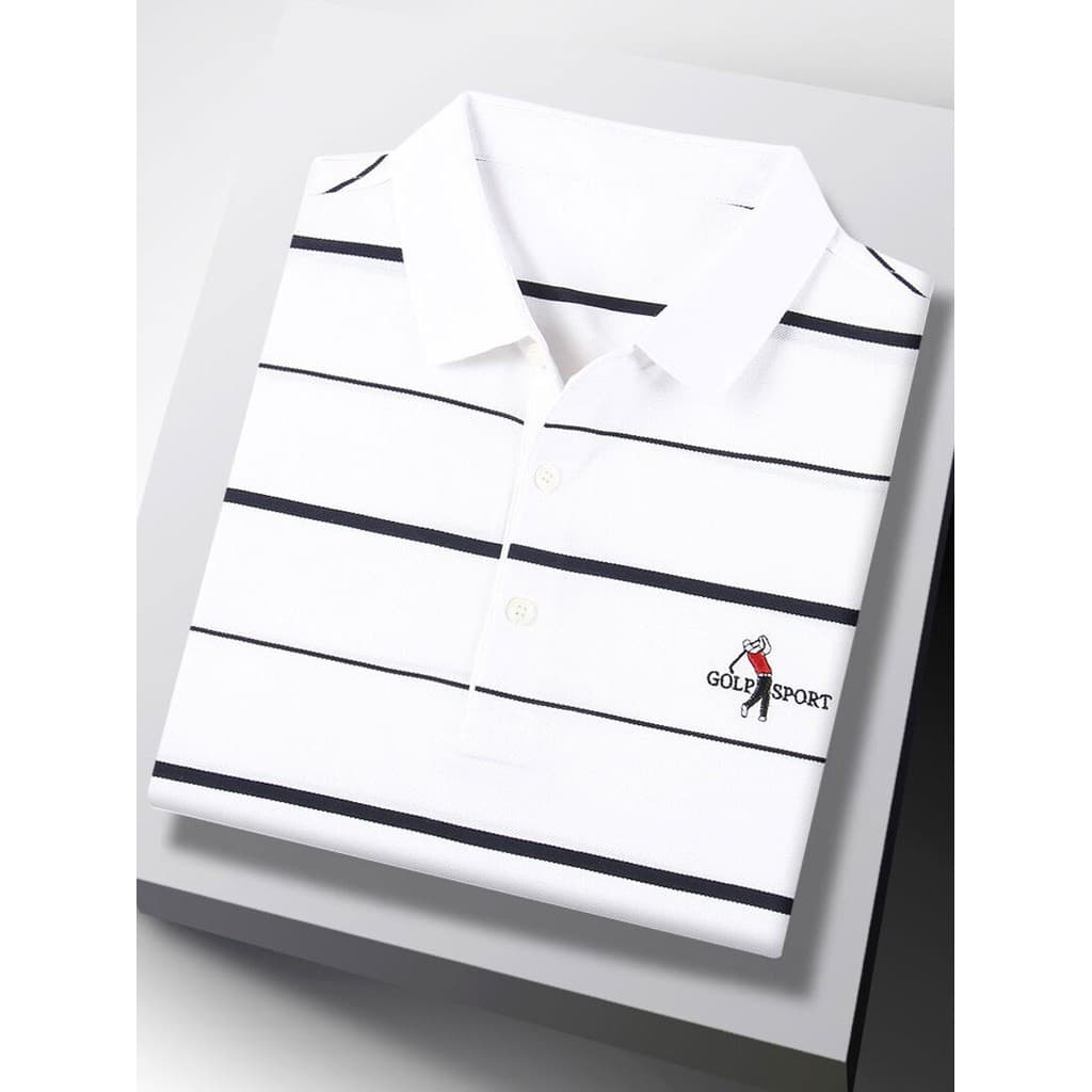 Marca masculina listra branca de manga curta camiseta masculina lapela pai negócios Casual topo verão camisa POLO