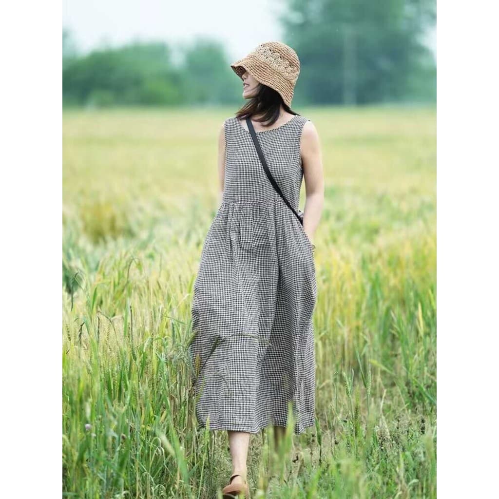 2024 Algodão Linho Oversized Solto Sem Mangas Regata Vestido Novo Estilo Confortável Vestido Xadrez Respirável