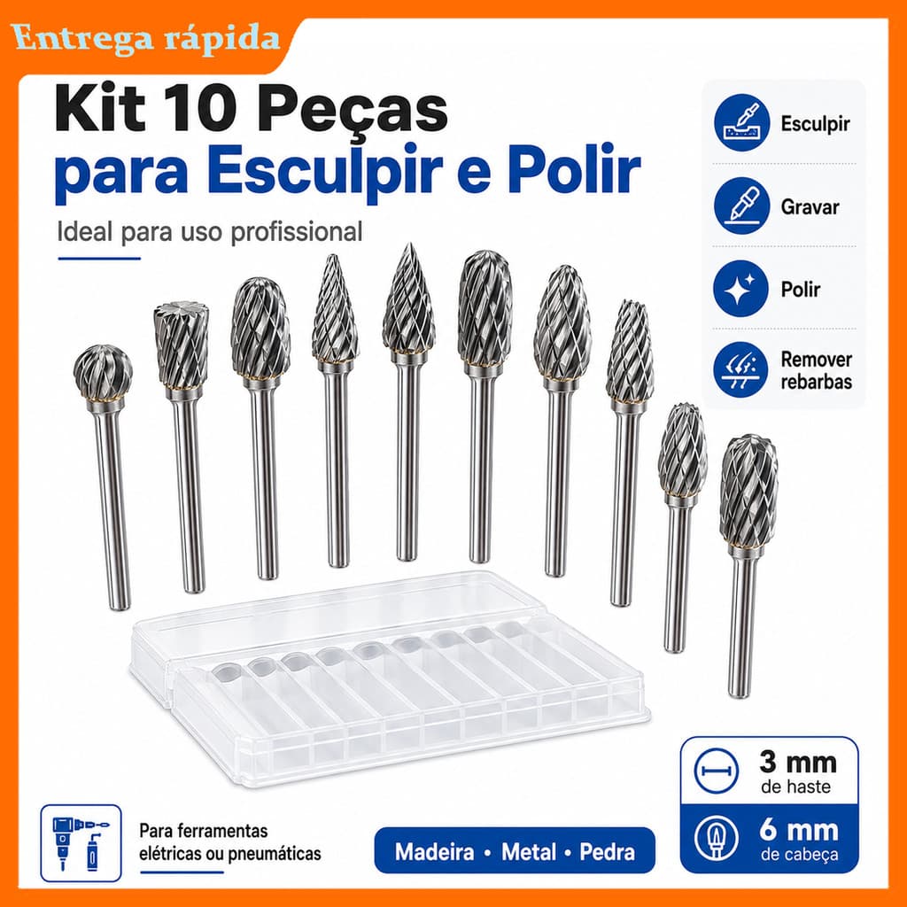 Fresa Rotativa Tungstênio 10 Peças com Caixa para Esculpir Madeira Metal Pedra Plástico