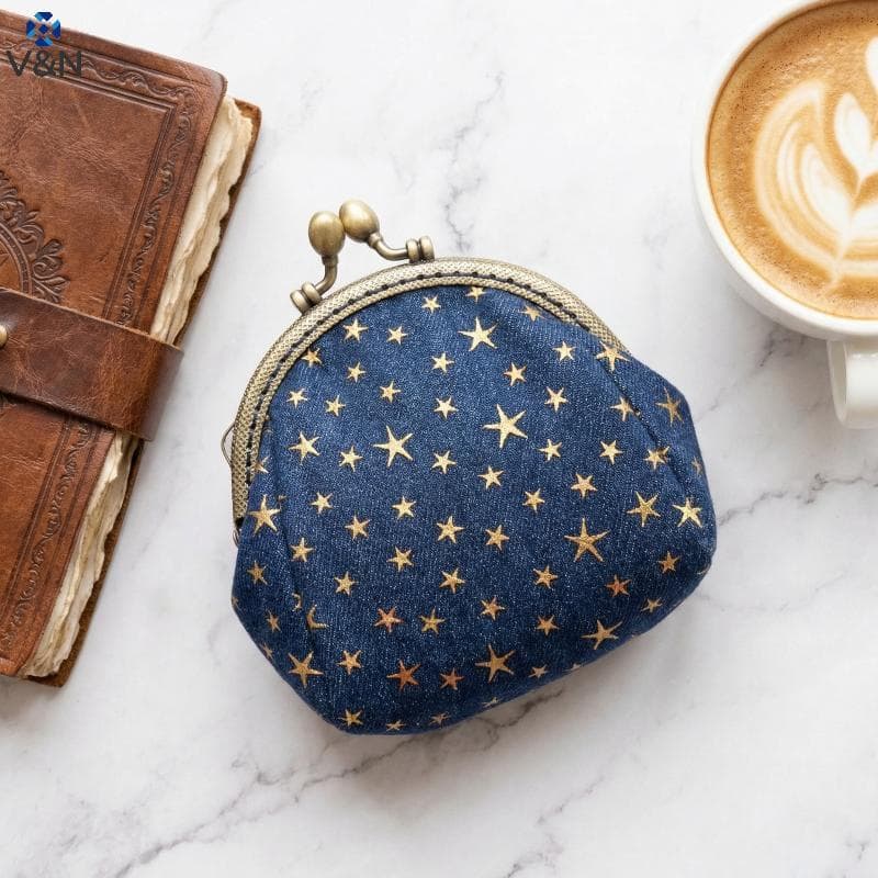 (V & N) Mini Carteira Jeans Com Cinco Estrelas Para Mulheres Fecho Bule E Suporte Troca Pequena Uso A Qualquer Hora .