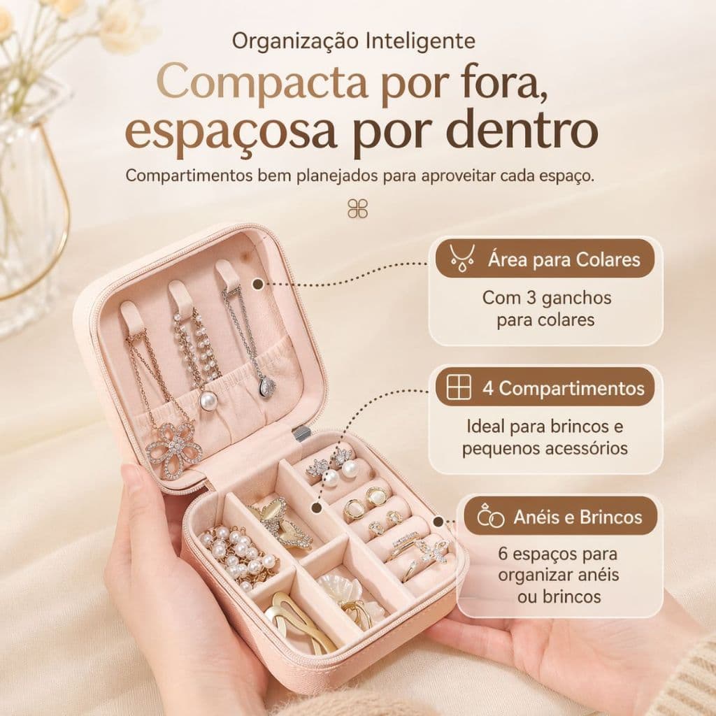 Porta Joias Compacto de Viagem com Zíper Organizador para Anéis Brincos Colares Caixa de Joias