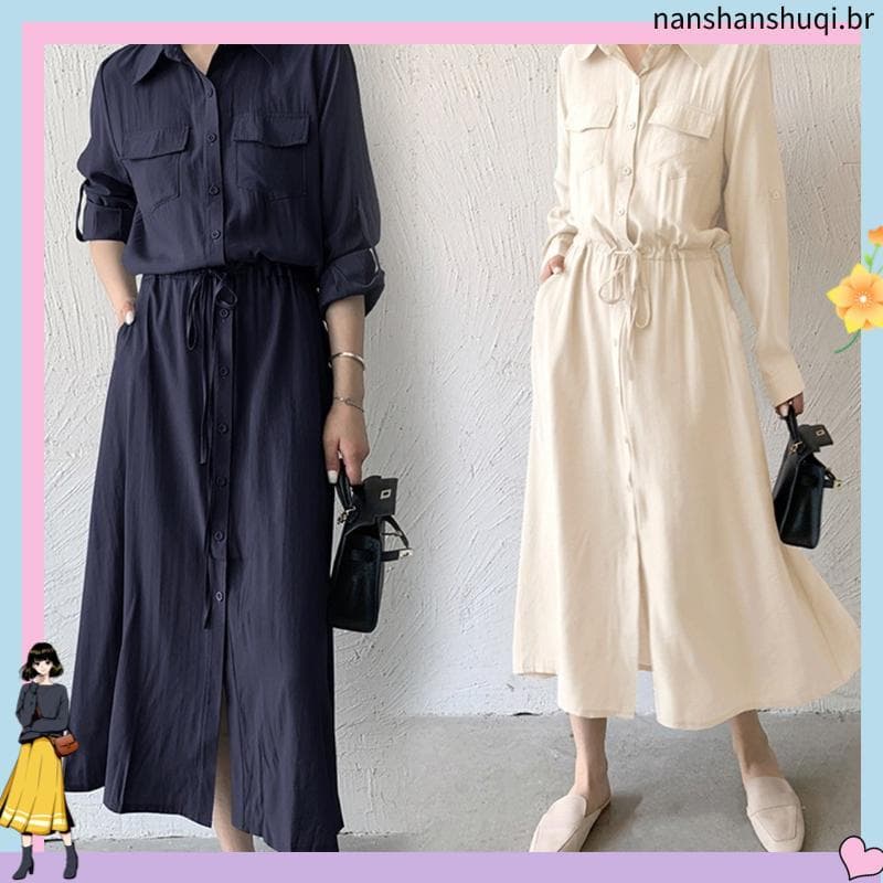 Mulheres E # 39vestido De Primavera , Estilo CSA , Decote Virado Para Baixo , Bolsos No Peito , Mangas Compridas , Cintu