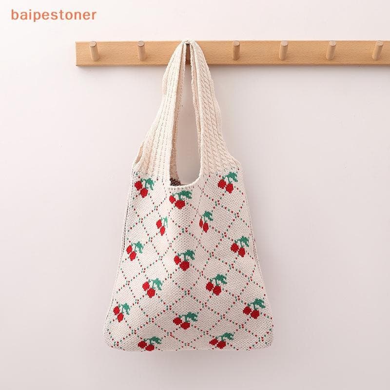 [baipestoner] Moda Cereja Tricô Bolsa De Ombro Coreano Simples Sacola Casual Grande Capacidade Sacos De Compras Bolsas P